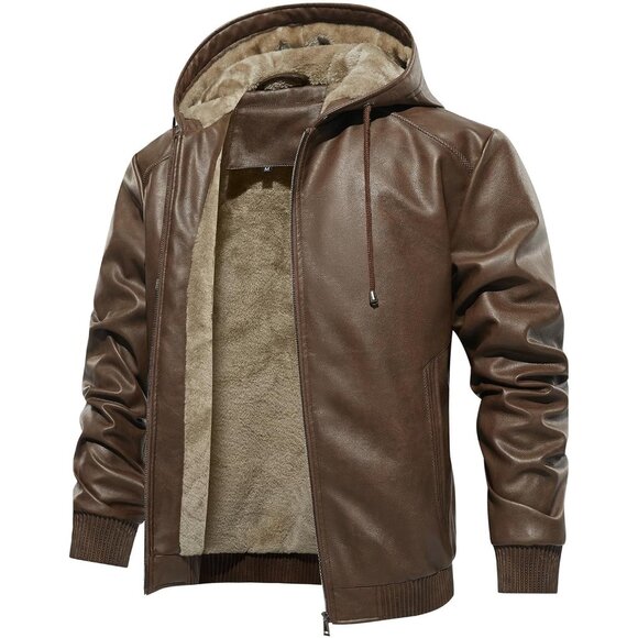 Brand New Men's Brown Polyester Sherpa Lined Hooded Faux Leather Bomber Jacket - Picture 1 of 9